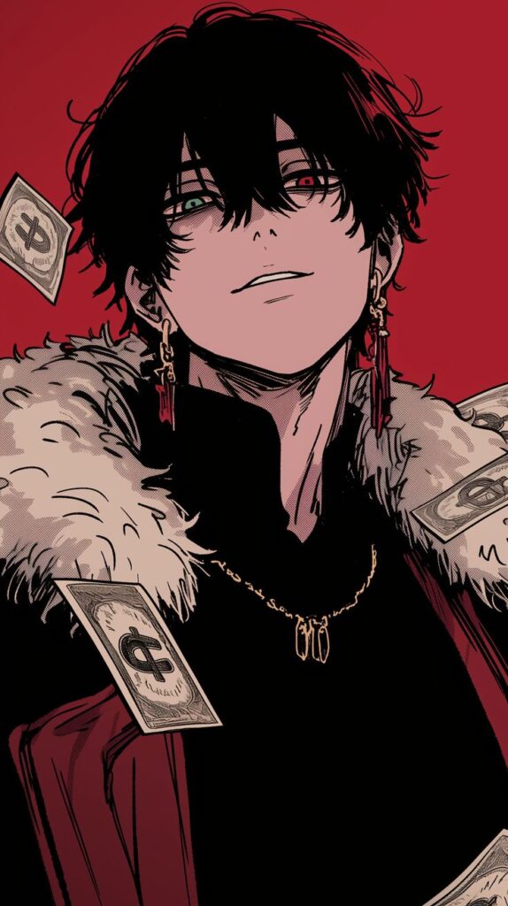Check Mysterious anime character with dark hair and red eyes, wearing a fur-collared coat, surrounded by floating currency against a red background. | Sky Rye Design Mysterious anime character with dark hair and red eyes, wearing a fur-collared coat, surrounded by floating currency against a red background.