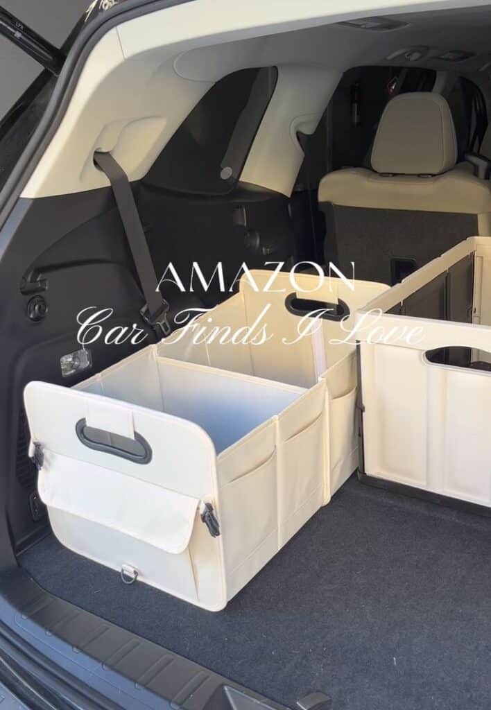 Car trunk with beige organizer box, ideal for storage solutions.