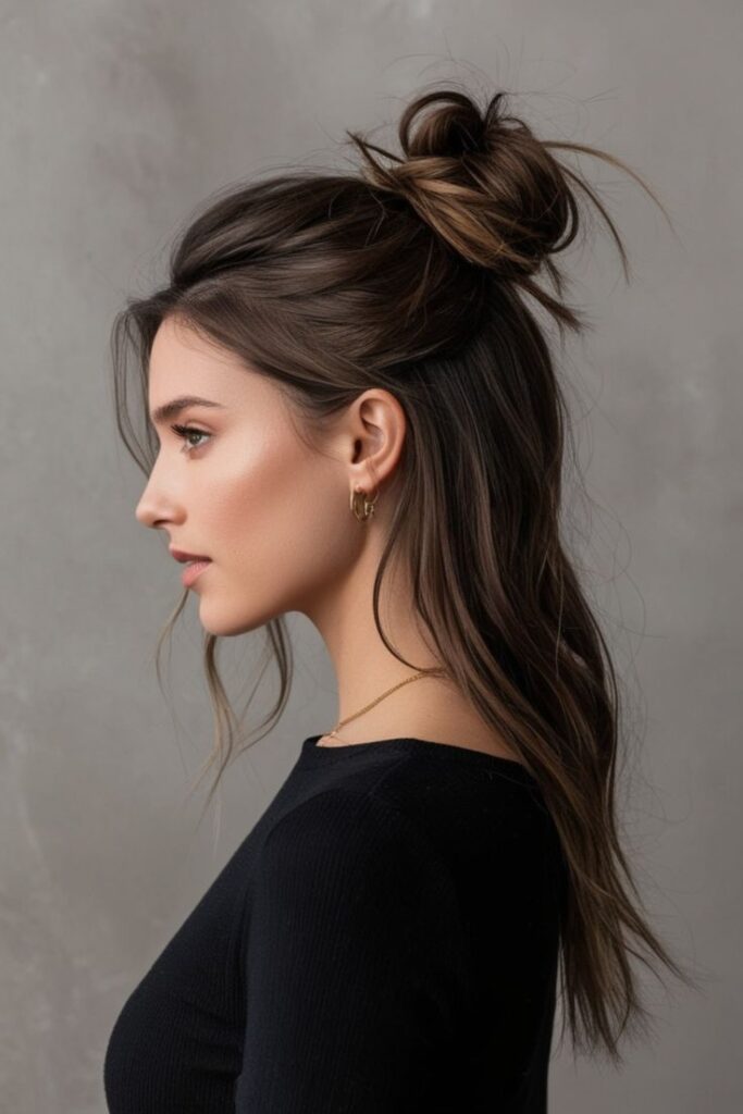 Chic Half-Up Bun for Long Hair Woman with long brunette hair styled in a chic bun, wearing black shirt, side profile. | Sky Rye Design Woman with long brunette hair styled in a chic bun, wearing black shirt, side profile.