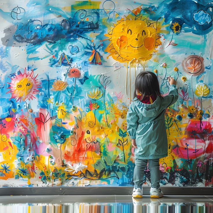 Child painting vibrant mural with sun and flowers, wearing a teal coat. Colorful, creative expression on large canvas wall.