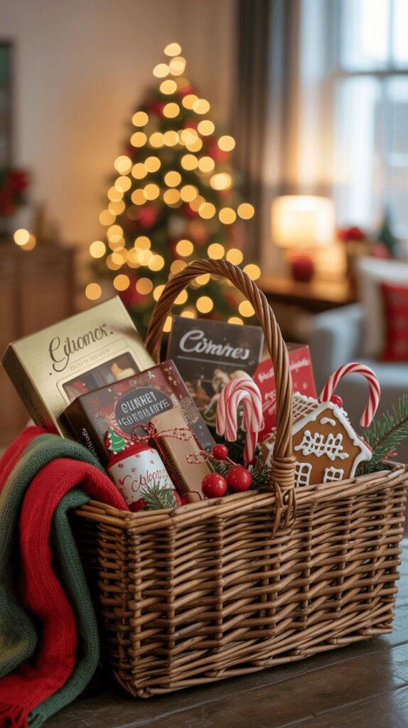 Christmas Basket Gift Ideas with Cute Touch Festive basket with chocolates, gingerbread, and candy canes, set against a blurry Christmas tree background with glowing lights. | Sky Rye Design Festive basket with chocolates, gingerbread, and candy canes, set against a blurry Christmas tree background with glowing lights.