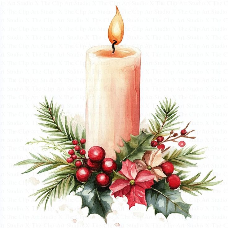 Festive candle surrounded by holly and berries, a perfect Christmas decoration for a cozy holiday ambiance.