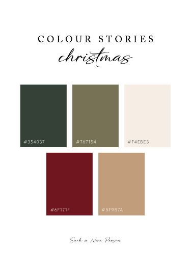 Christmas color palette featuring dark green, olive, cream, burgundy, and tan shades with hex codes for design inspiration.