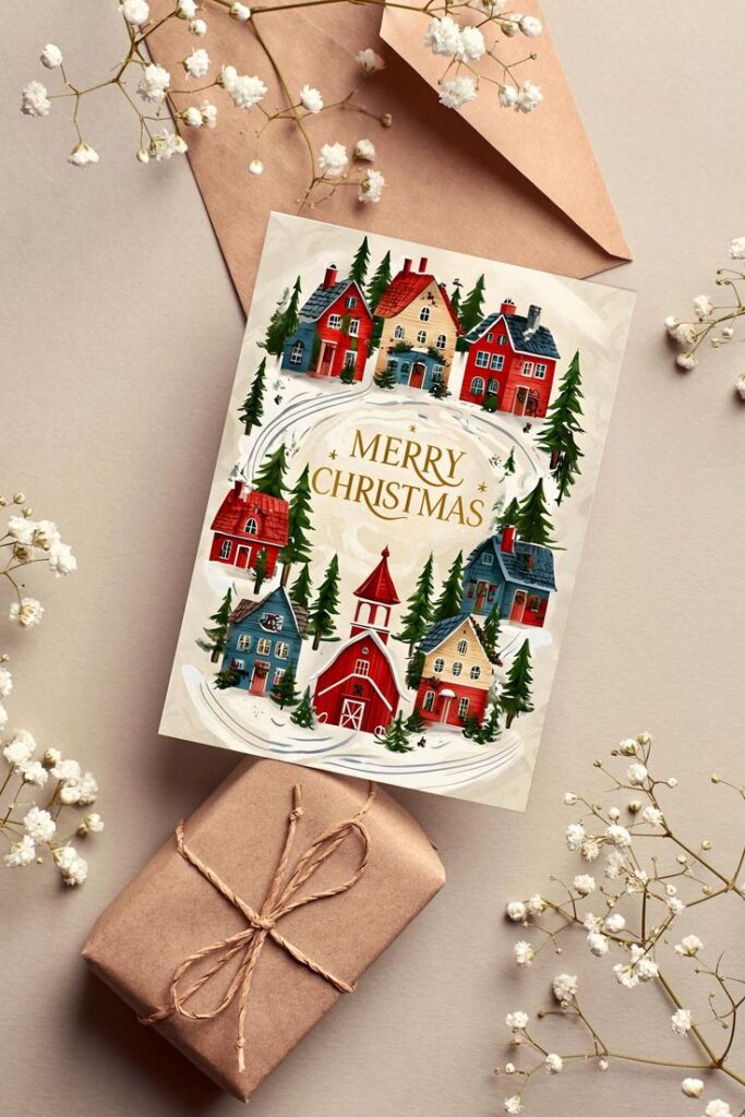 Festive Christmas card with charming village, wrapped gift, and delicate flowers, spreading holiday cheer and warmth.