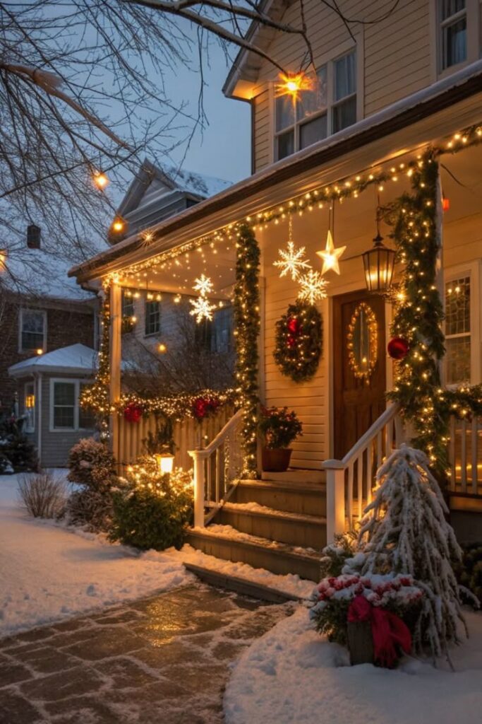 Cozy house adorned with festive Christmas lights and wreaths, set amidst a snowy landscape, creating a warm holiday ambiance.