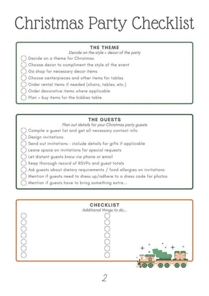 Christmas Party Checklist: Organize themes, decor, guest lists, RSVPs, and invitations. Includes tips on themes, guest planning, and extras.