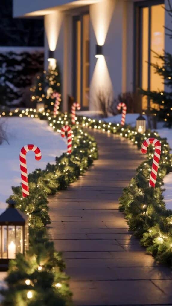 Christmas Pathway Lights 2025_ DIY Solar and Festive Outdoor Ideas Festive Christmas pathway with candy cane lights and glowing garland in snowy winter setting. | Sky Rye Design Festive Christmas pathway with candy cane lights and glowing garland in snowy winter setting.