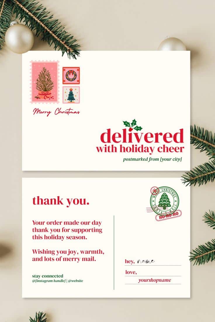 Festive holiday postcard with Christmas tree stamps, greeting and thank you message, surrounded by pine branches and ornaments.