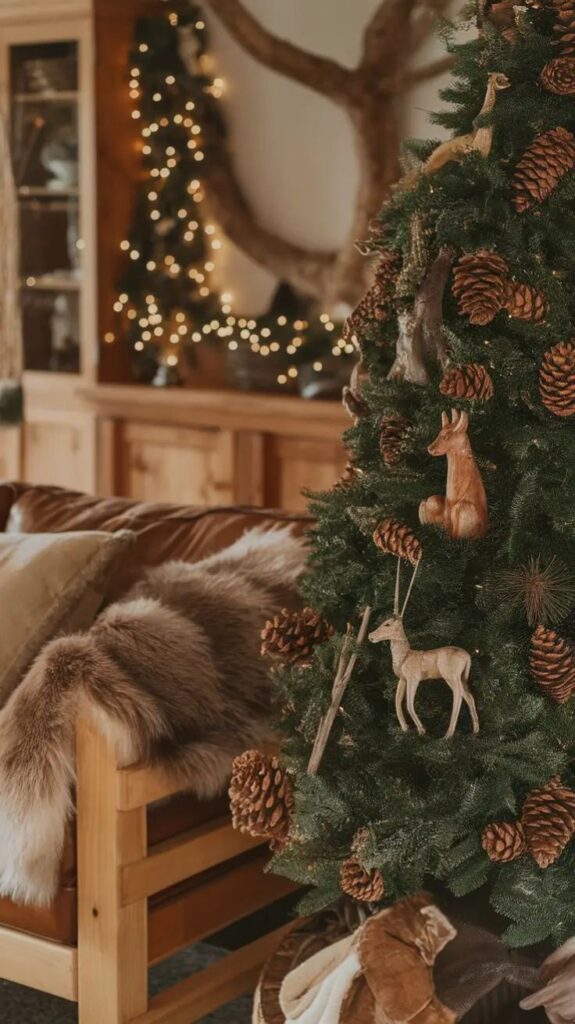 Cozy cabin Christmas decor with pinecone and deer-adorned tree, warm blankets, and glowing fairy lights.