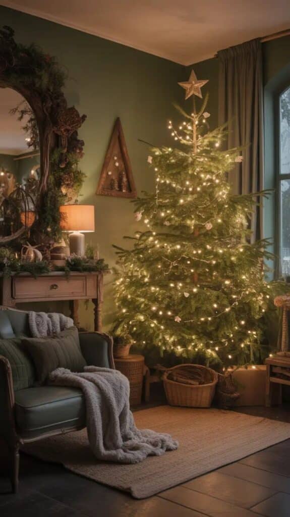 Cozy living room with a glowing Christmas tree, rustic decor, and a comfy chair draped with a blanket, creating a festive atmosphere.