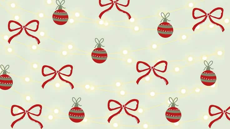 Festive pattern with red bows and ornaments on a light background, accented by glowing string lights, perfect for holiday celebrations.