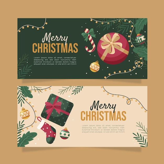 Festive Christmas banners with ornaments, candy cane, gift box, and lights on green and beige backgrounds, featuring Merry Christmas text.