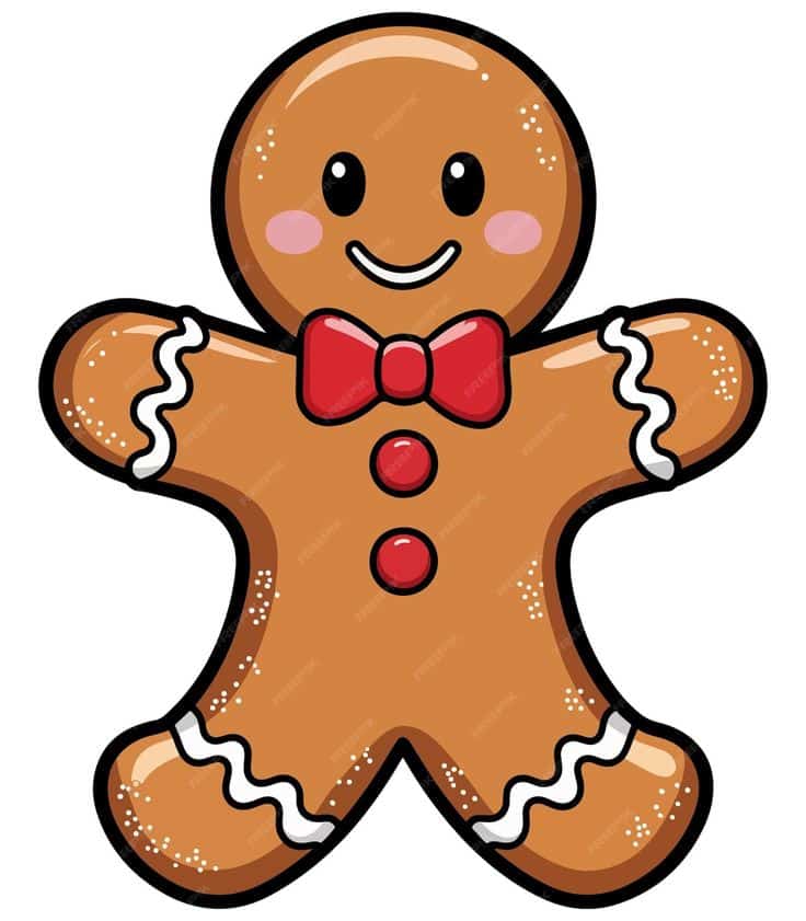 Cute gingerbread man with red bow tie, buttons, and icing details. Festive holiday cookie illustration.