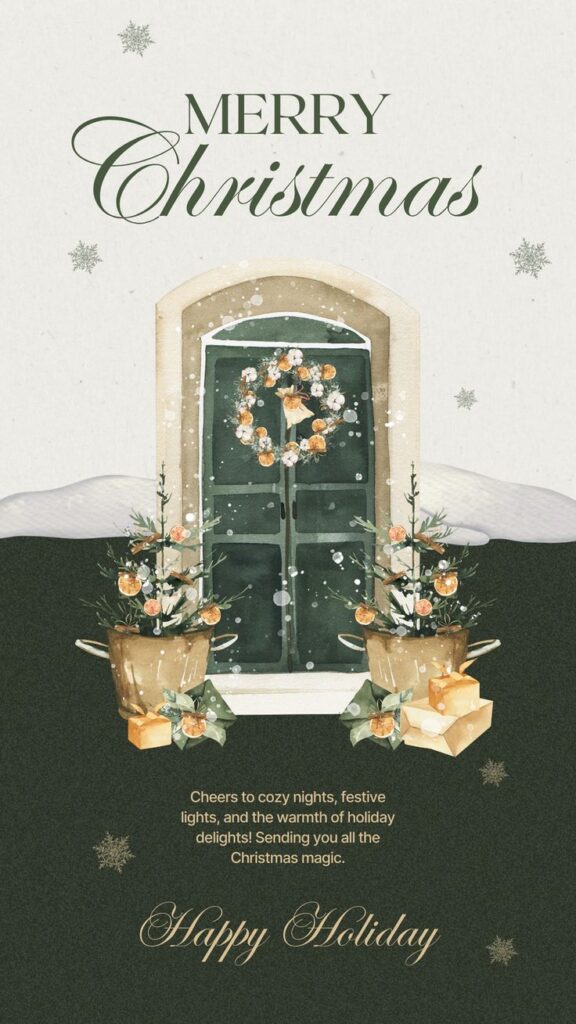 Festive Christmas card with decorated door, trees, and snowflakes. Text: Merry Christmas and Happy Holiday. Cozy winter theme.