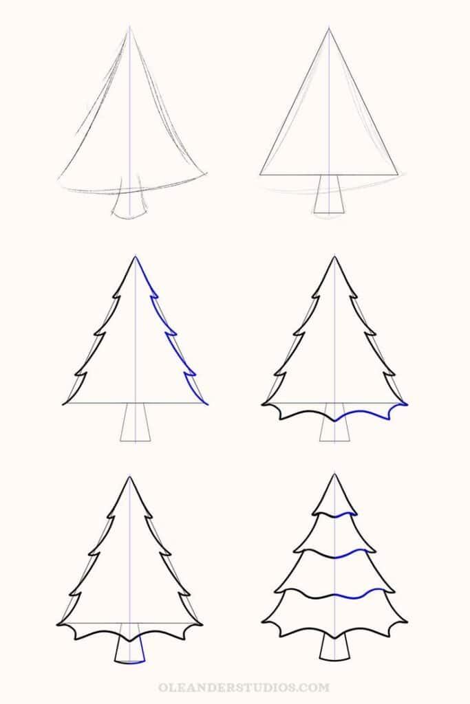 Step-by-step guide on how to draw a Christmas tree, from sketch to final outline.