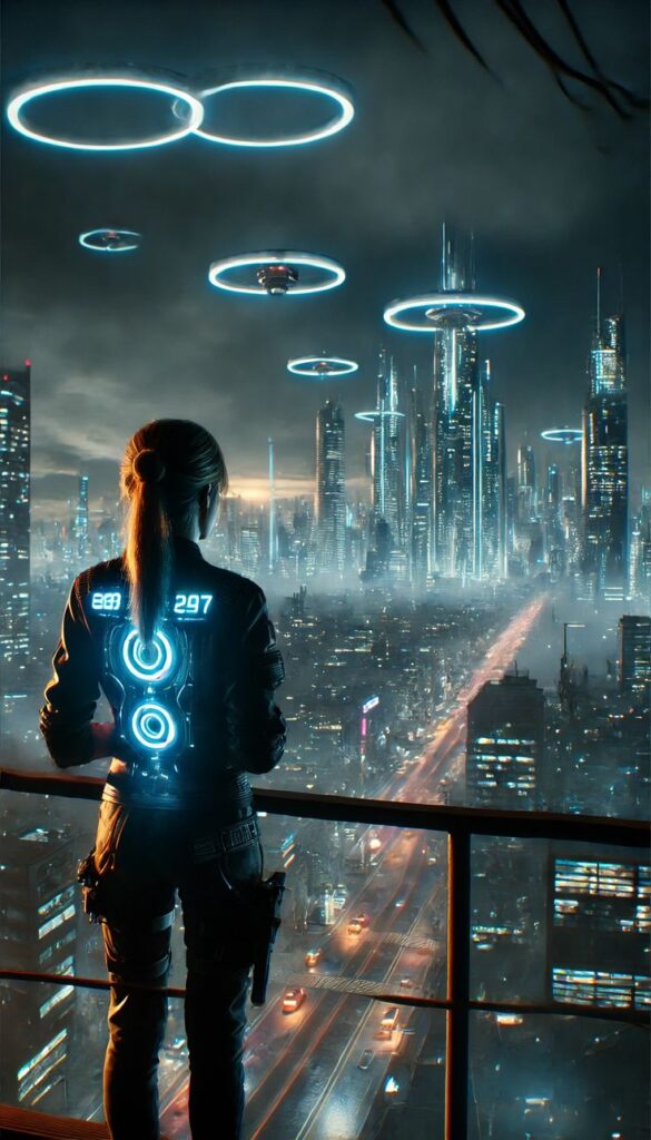 Futuristic cityscape with a person overlooking neon-lit skyscrapers and flying vehicles at night. Cyberpunk aesthetic.