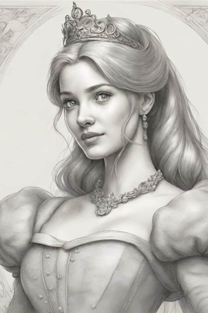 Cinderella Pencil Sketch Digital artwork of a regal woman with long hair and a crown, wearing an ornate dress and jewelry, in a classic, elegant pose. | Sky Rye Design Digital artwork of a regal woman with long hair and a crown, wearing an ornate dress and jewelry, in a classic, elegant pose.