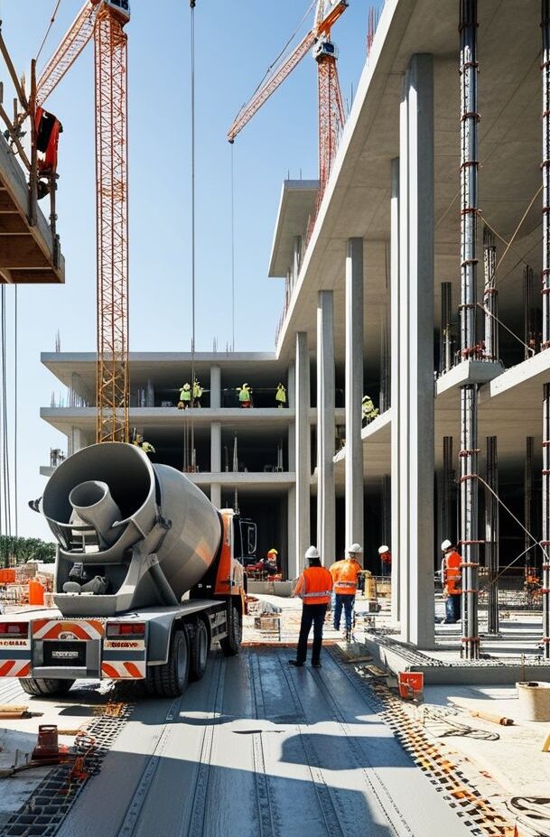 Civil Construction Construction site with cranes, workers, and concrete truck delivering materials for high-rise building project. | Sky Rye Design Construction site with cranes, workers, and concrete truck delivering materials for high-rise building project.