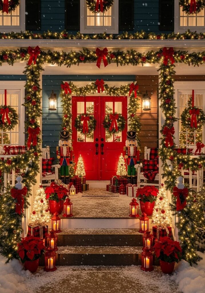 Festive home entrance with red door adorned in Christmas wreaths, garlands, nutcrackers, gifts, and snow, creating a warm holiday atmosphere.