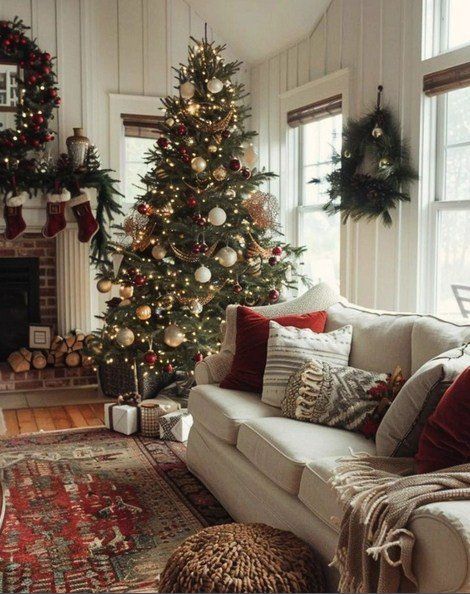 Cozy Christmas living room with a decorated tree, stockings, and festive pillows on a sofa near a fireplace.