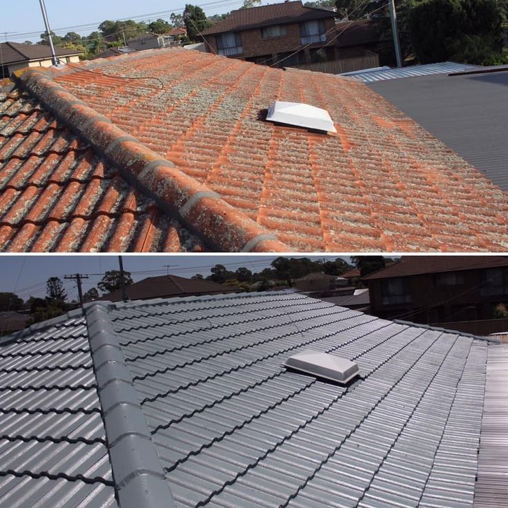 Roof transformation with new grey tiles replacing old, weathered ones. Top: Before with moss; Bottom: After restoration and cleaning.