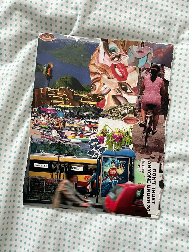 Colorful collage featuring eyes, a cyclist, a crowded market, and a sign saying Don't Trust Anyone Under 30.