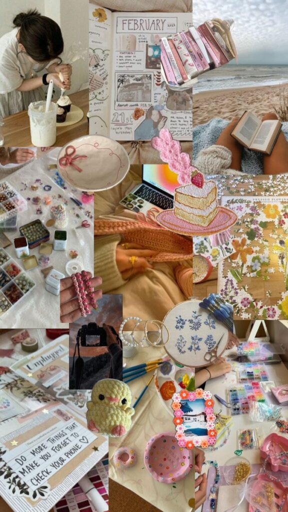 Collage of hobbies Collage of crafts and hobbies: baking, journaling, embroidery, and beach reading for creative inspiration. | Sky Rye Design Collage of crafts and hobbies: baking, journaling, embroidery, and beach reading for creative inspiration.