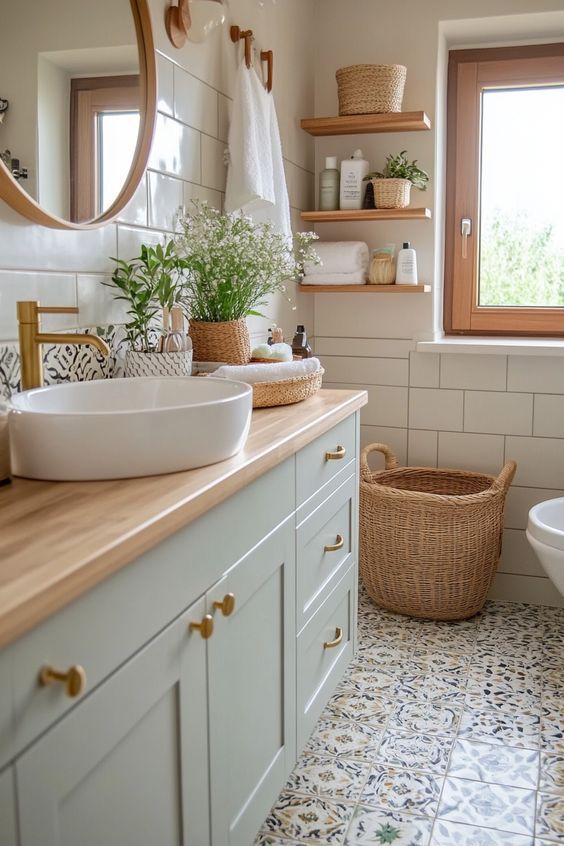 Color Harmony Palettes 🎨 _ Curated Paint Palettes for Timeless Trendy Homes _ Perfect Color Combi 1 Cozy bathroom with wooden countertop, white sink, woven baskets, potted plants, and natural light from a window. | Sky Rye Design Cozy bathroom with wooden countertop, white sink, woven baskets, potted plants, and natural light from a window.