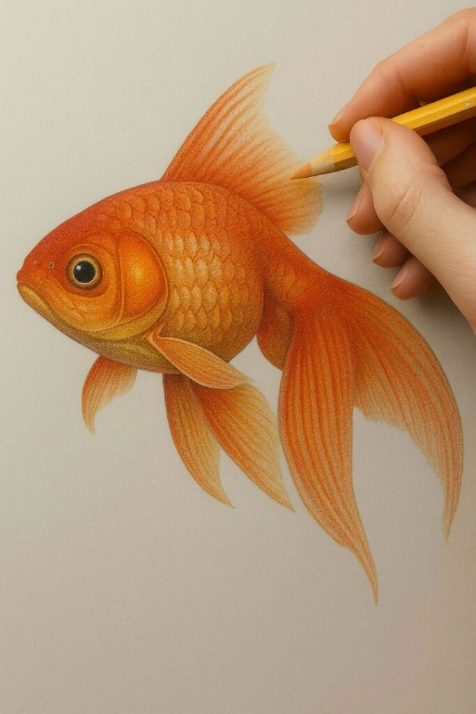 Hand drawing a detailed orange goldfish with colored pencils, highlighting realistic scaling and vibrant fins on paper.