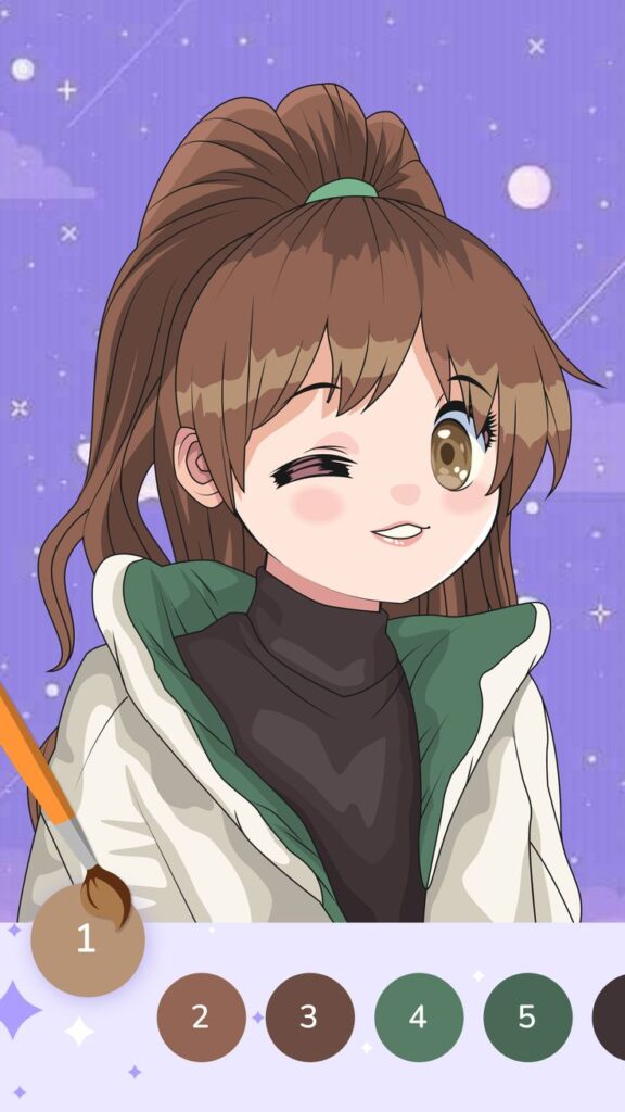 Anime girl winking with brown hair and hoodie, surrounded by a purple starry background. anime drawing apps