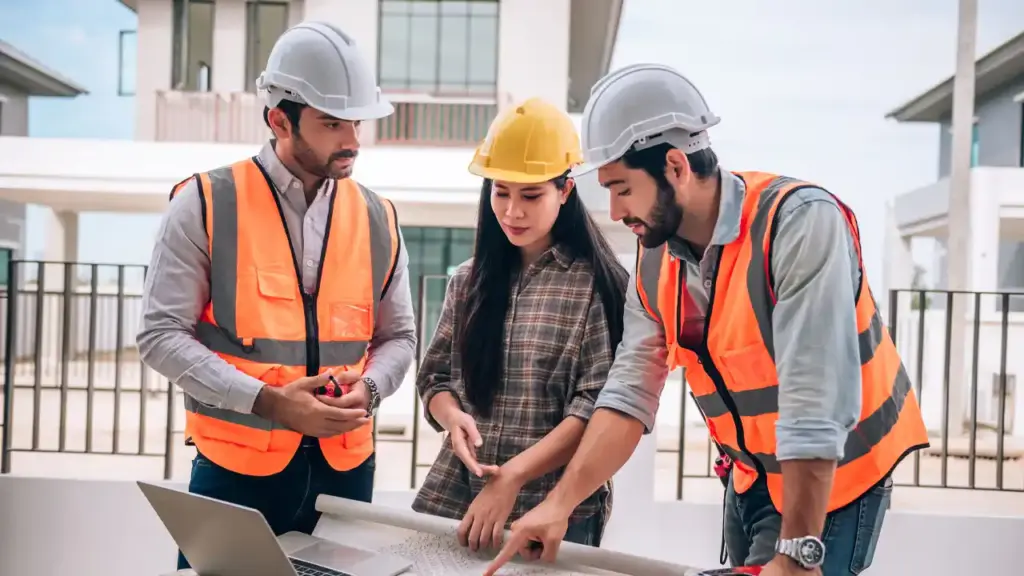 Construction-Estimating-Services-2 Construction team reviewing blueprints at a site, wearing helmets and safety vests. | Sky Rye Design Construction team reviewing blueprints at a site, wearing helmets and safety vests.