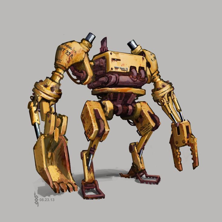 Yellow industrial robot with claw-like hands and mechanical parts, set against a gray background. Futuristic machinery design.