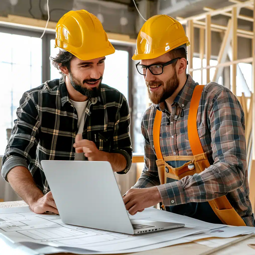 Construction-estimating-services-EL-Paso Two construction workers in hard hats discussing blueprints on a laptop at a building site. | Sky Rye Design Two construction workers in hard hats discussing blueprints on a laptop at a building site.