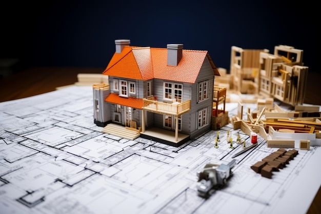 Construction industry concept building house and project plans _ Premium AI-generated image Model house on architectural blueprint surrounded by construction materials, representing home design and planning concepts. | Sky Rye Design Model house on architectural blueprint surrounded by construction materials, representing home design and planning concepts.