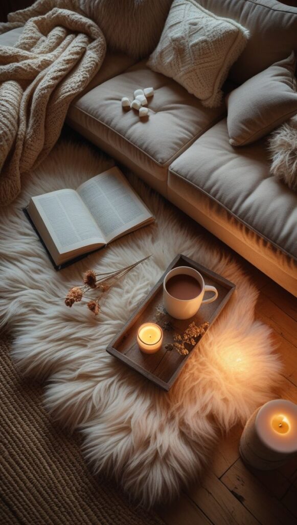 Cozy Boho Flat Lay Books Laptop Hot Chocolate by the Fireplace Cozy living room with open book, candles, and a mug on a fluffy rug, perfect for a relaxing autumn evening. | Sky Rye Design Cozy living room with open book, candles, and a mug on a fluffy rug, perfect for a relaxing autumn evening.