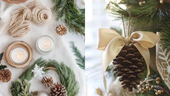 Cozy DIY Projects Winter Warm Up Home with Handmade Crafts Festive holiday decor with pine cones, candles, and greenery wreath on left; pine cone ornament with gold ribbon on Christmas tree on right. | Sky Rye Design Festive holiday decor with pine cones, candles, and greenery wreath on left; pine cone ornament with gold ribbon on Christmas tree on right.