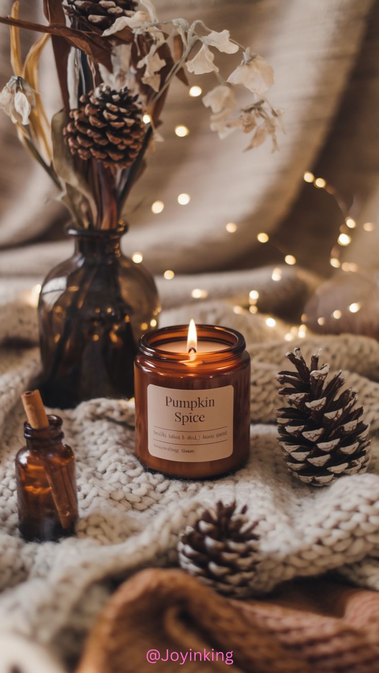 Cozy Fall Candle with Pumpkin Spice Scent Cozy autumn setting with a lit pumpkin spice candle, pinecones, and warm knitted blanket decor. | Sky Rye Design Cozy autumn setting with a lit pumpkin spice candle, pinecones, and warm knitted blanket decor.
