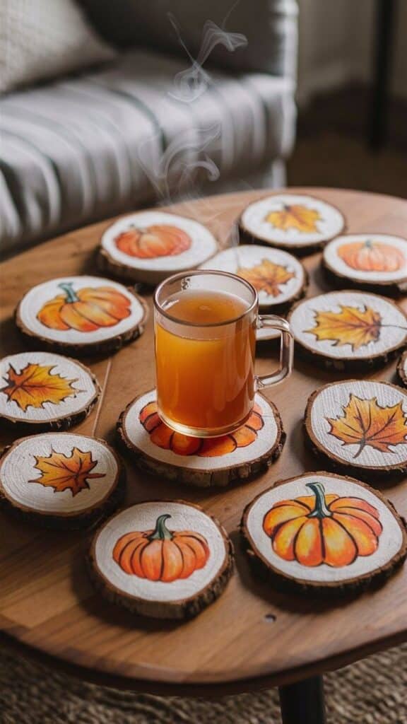 Glass mug of hot cider on a wooden table with autumn-themed coasters featuring pumpkins and leaves, creating a cozy fall atmosphere.