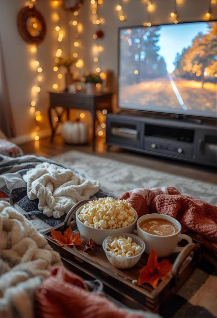 Cozy movie night setup with snacks and blankets, warm TV-lit room decorated with soft string lights and autumn decor.