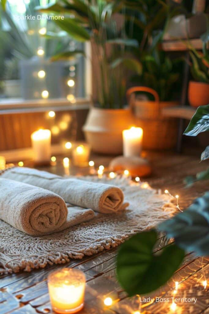 Cozy Home Spa Retreat with Soft Towels Candles Fairy Lights Cozy spa setting with rolled towels, candles, and fairy lights on a mat, surrounded by lush plants for a relaxing atmosphere. | Sky Rye Design Cozy spa setting with rolled towels, candles, and fairy lights on a mat, surrounded by lush plants for a relaxing atmosphere.