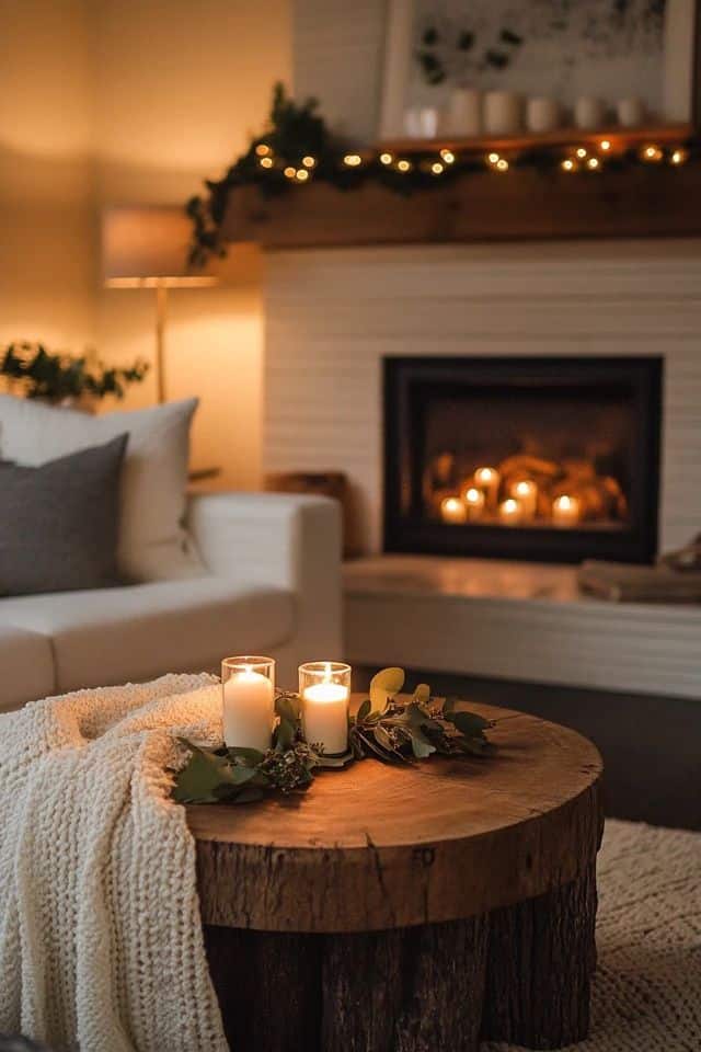 Cozy Hygge-Inspired Living Room 🛋️🔥 1 Cozy living room with lit candles on rustic table, fireplace and soft lighting create a warm, inviting atmosphere. | Sky Rye Design Cozy living room with lit candles on rustic table, fireplace and soft lighting create a warm, inviting atmosphere.