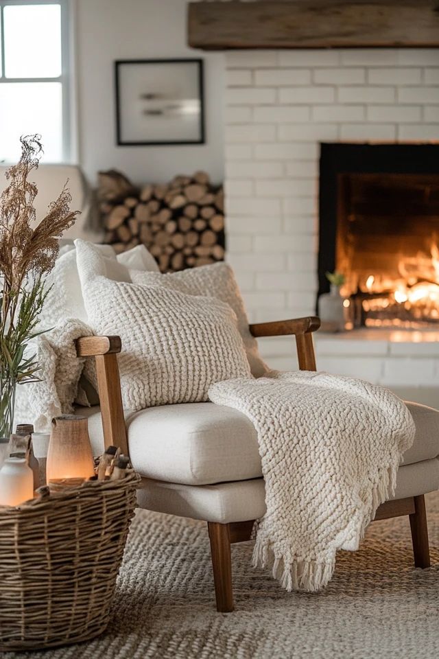 Cozy Hygge-Inspired Living Room 🛋️🔥 Cozy living room with a comfy armchair, knit blanket, and warm fireplace ambiance, perfect for relaxing evenings. | Sky Rye Design Cozy living room with a comfy armchair, knit blanket, and warm fireplace ambiance, perfect for relaxing evenings.