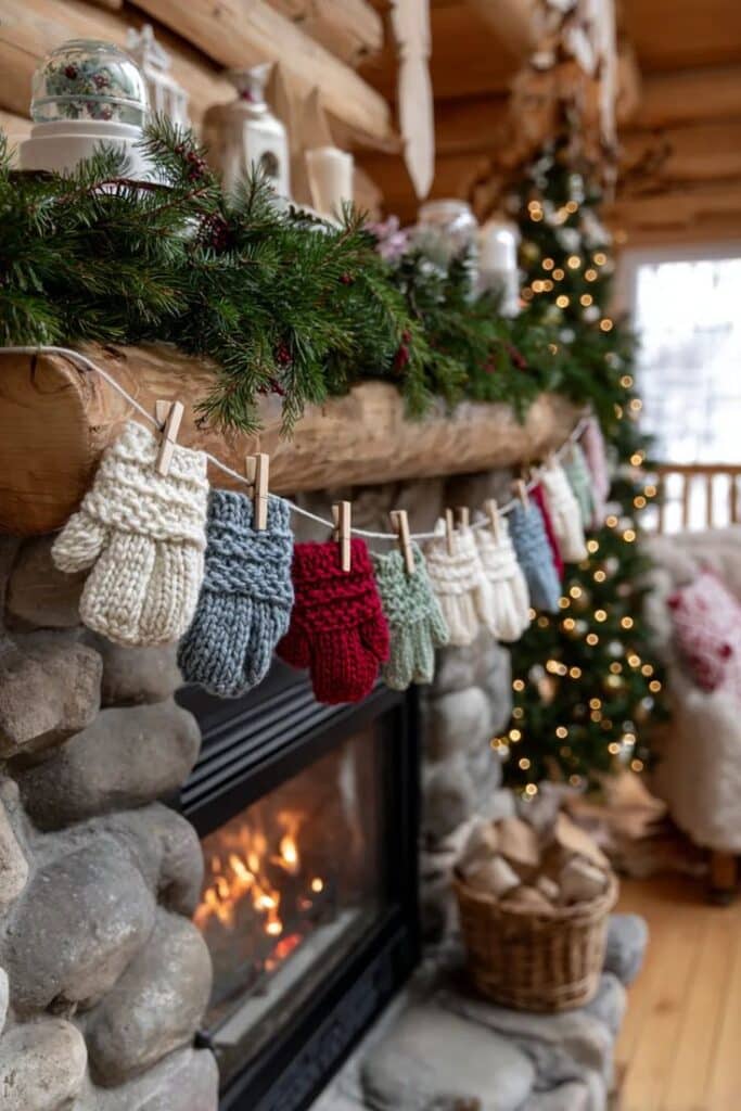 Cozy Mini Mitten Garland DIY for Christmas Windows Cozy log cabin fireplace decorated with hanging mittens and lush garland for a festive holiday ambiance. | Sky Rye Design Cozy log cabin fireplace decorated with hanging mittens and lush garland for a festive holiday ambiance.