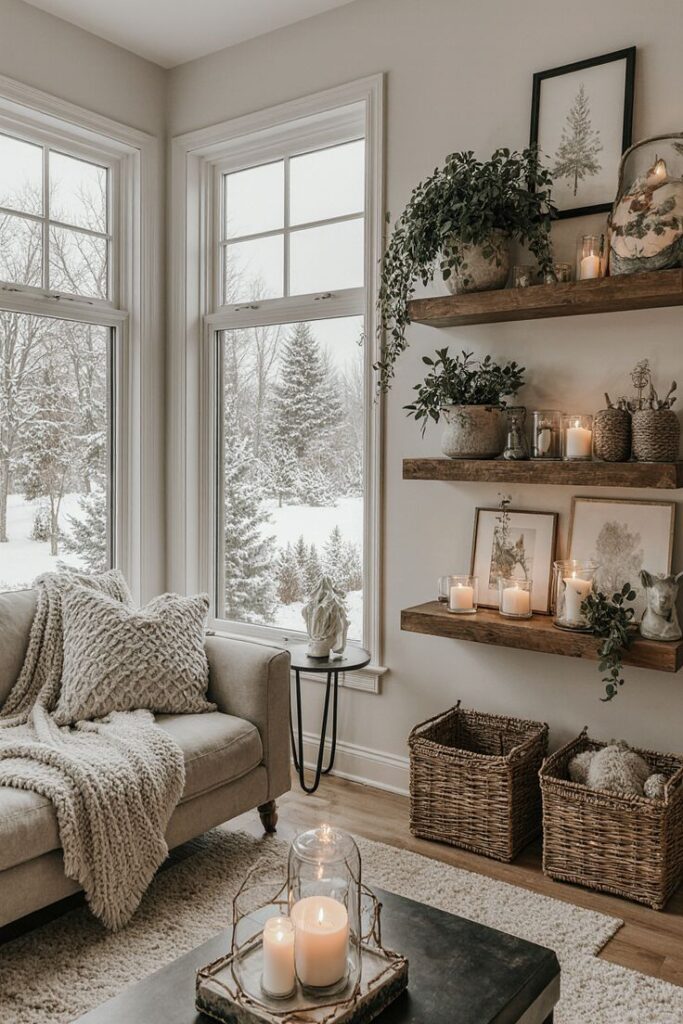 Cozy Winter Living Room _ Modern Farmhouse Hygge Decor Cozy living room with winter view, candles, plants, and woven baskets on shelves, creating a warm, inviting atmosphere. | Sky Rye Design Cozy living room with winter view, candles, plants, and woven baskets on shelves, creating a warm, inviting atmosphere.