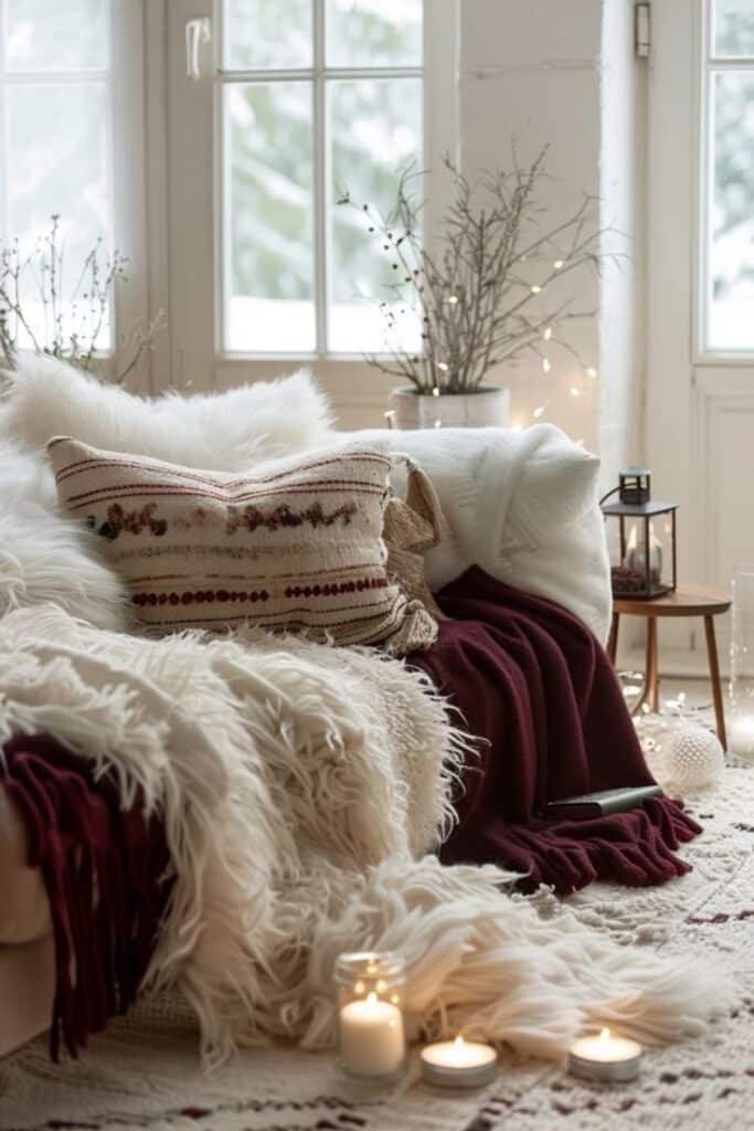 Cozy Winter Textiles Cozy winter living room with fluffy blankets, candles, and rustic decor in soft natural light, perfect for relaxation. | Sky Rye Design Cozy winter living room with fluffy blankets, candles, and rustic decor in soft natural light, perfect for relaxation.