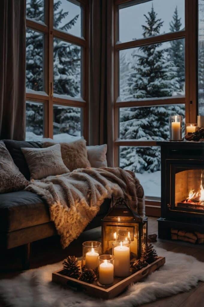 Cozy Winter Wohnzimmer_ Kamin Lichter Naturdeko ❄️ Cozy winter cabin with candles by a fireplace, blanket on couch, and snow-covered trees outside through windows. | Sky Rye Design Cozy winter cabin with candles by a fireplace, blanket on couch, and snow-covered trees outside through windows.