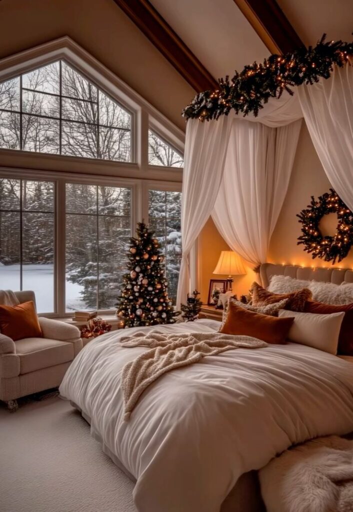 Cozy holiday bedroom Cozy bedroom with Christmas decor, lit tree, and snowy window view, creating a warm and festive winter atmosphere. | Sky Rye Design Cozy bedroom with Christmas decor, lit tree, and snowy window view, creating a warm and festive winter atmosphere.