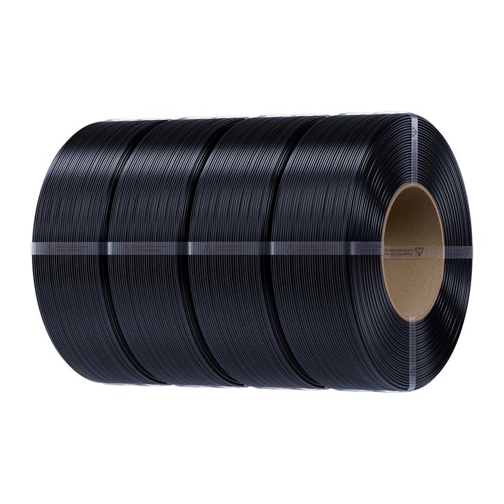 Large spool of black wire, neatly coiled, showcasing industrial packaging. Ideal for manufacturing, electrical, and construction purposes.