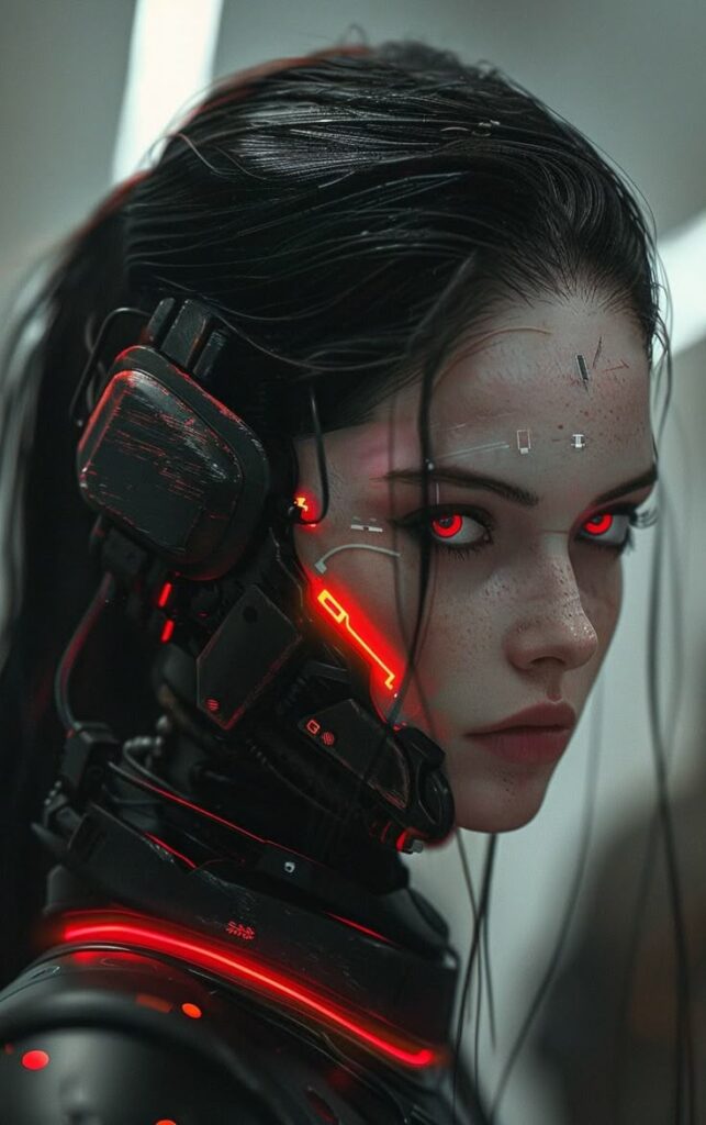 Futuristic woman with cybernetic enhancements and glowing red lights, showcasing advanced technology and sci-fi aesthetics.