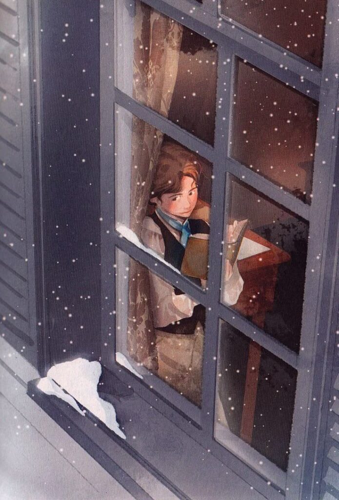 Creative Art that deserves to be seen_ Person reading by a window during snowfall, creating a cozy and serene atmosphere, with snowflakes gently falling outside. | Sky Rye Design Person reading by a window during snowfall, creating a cozy and serene atmosphere, with snowflakes gently falling outside.